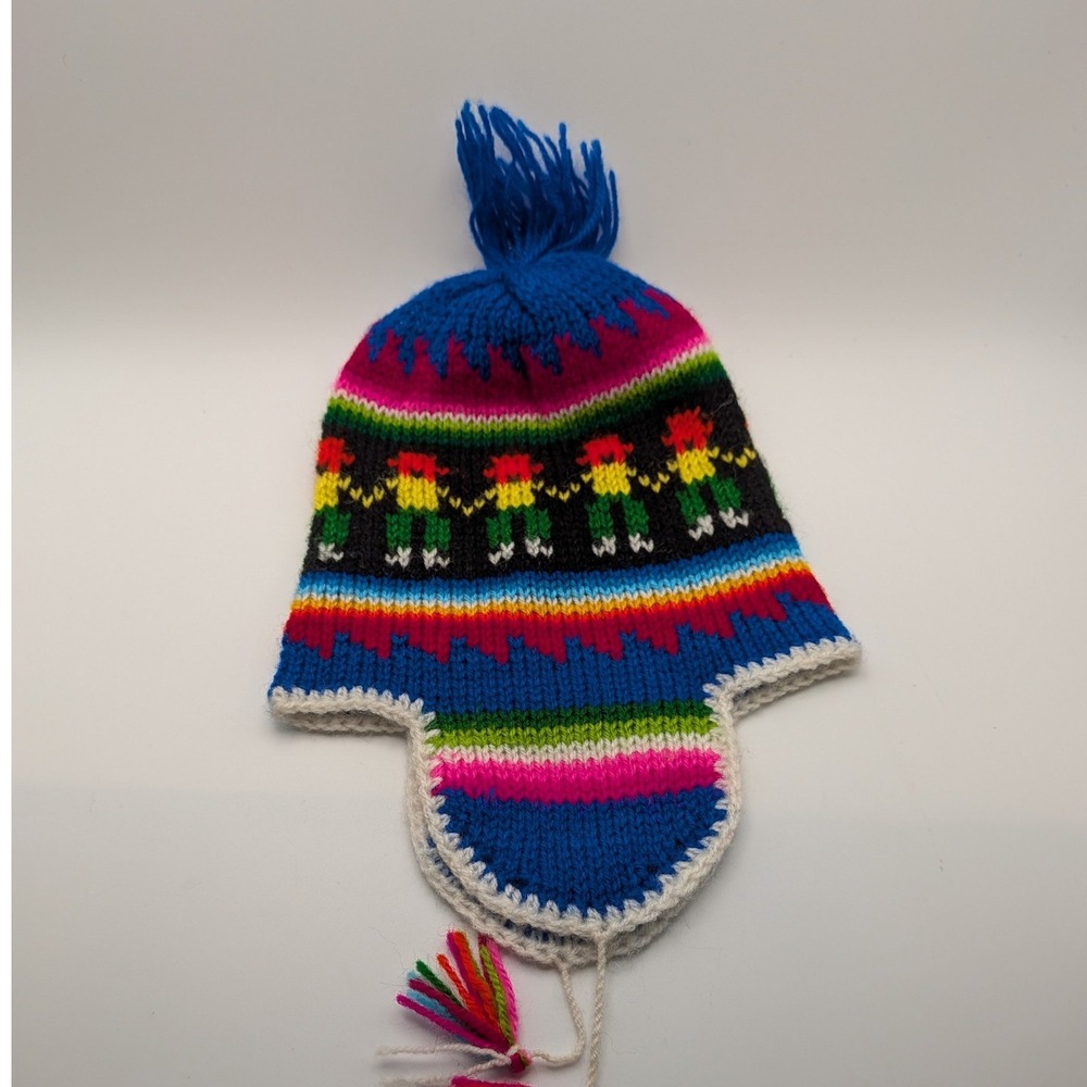 Bolivian Hand Knit Chullo Earflap Beanie Hat Multi Color People Motif Pom Tassel